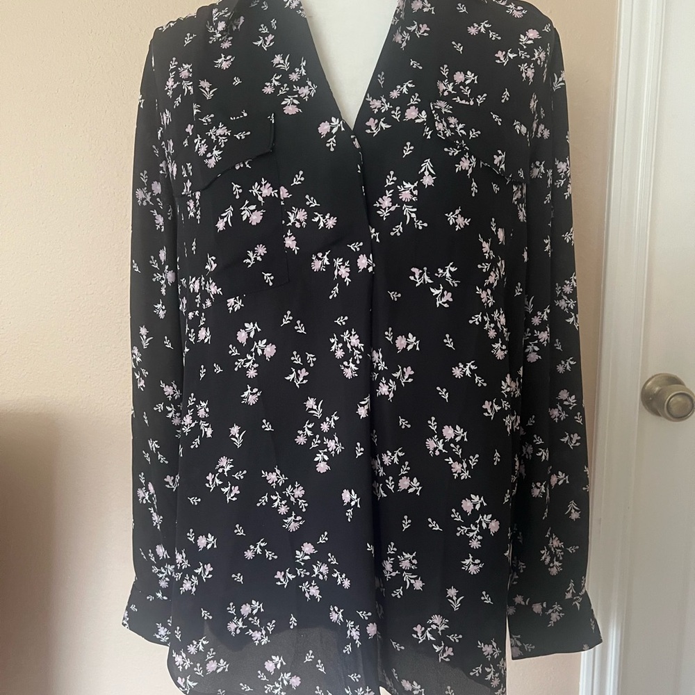 Ann Taylor Floral Black Blouse size M